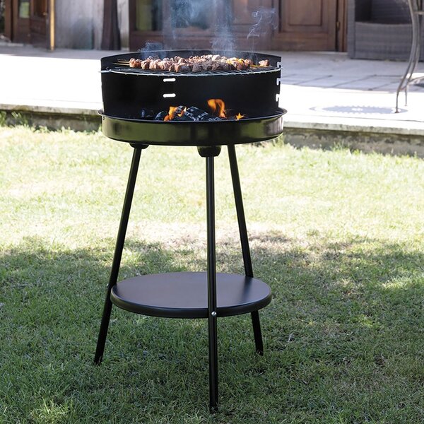 Barbecue a Carbone Carbonella Rotondo Ø42x77 cm con Vassoio in Acciaio al Carbonio Nero