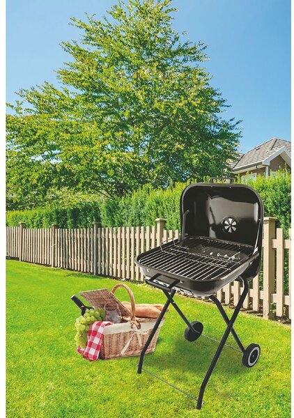Barbecue a Carbone Carbonella 49x47x83 cm con Coperchio e Ruote in Acciaio Nero