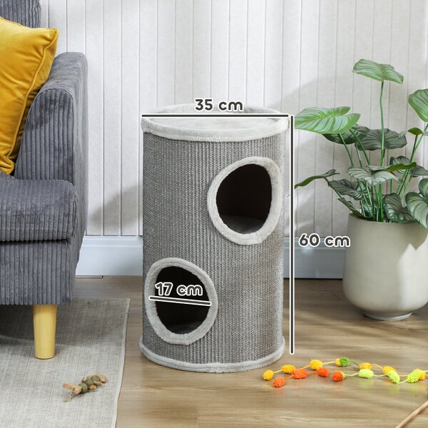 PawHut Tiragraffi a barile, alto 60 cm Ø 35 cm a due piani con 2 nicchie, bordo in peluche, per 1-2 gatti fino a 5 kg, Grigio chiaro | Aosom Italy