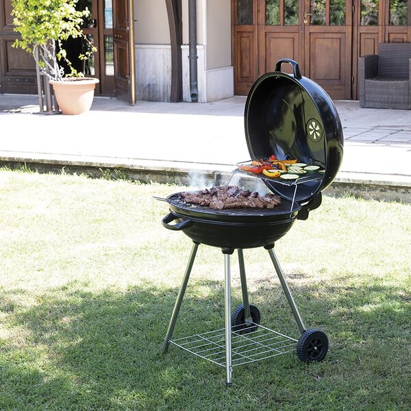 Barbecue a Carbone Carbonella Rotondo Ø57x90 cm con Ruote e Coperchio Struttura in Acciaio Nero