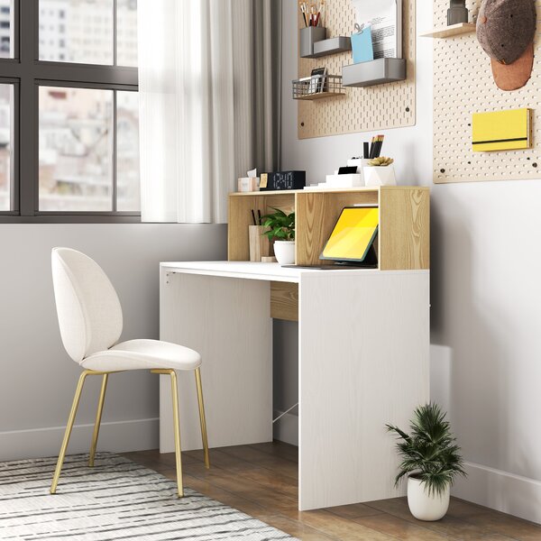 HOMCOM Scrivania 110x50x102,6 cm Scrivania con 2 scomparti aperti e mensola Bianco e Legno Naturale | Aosom Italy