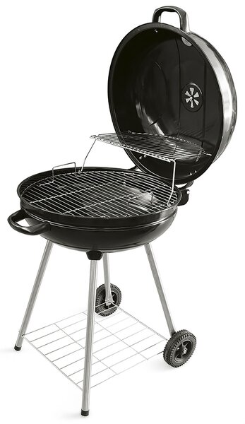 Barbecue a Carbone Carbonella Rotondo Ø57x90 cm con Ruote e Coperchio Struttura in Acciaio Nero