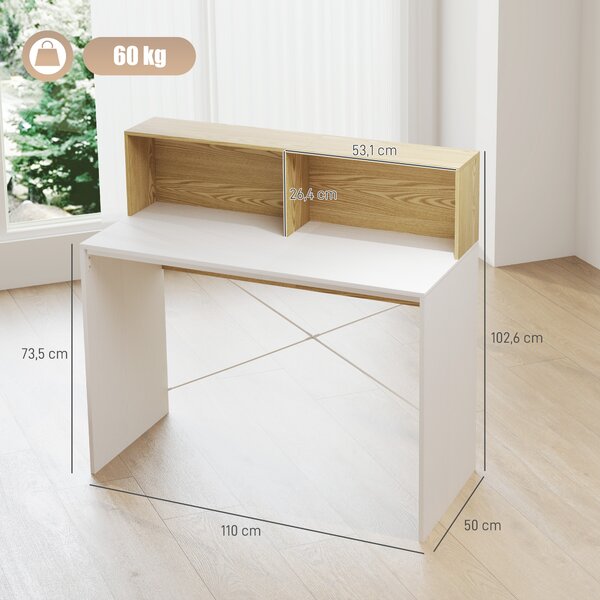 HOMCOM Scrivania 110x50x102,6 cm Scrivania con 2 scomparti aperti e mensola Bianco e Legno Naturale | Aosom Italy