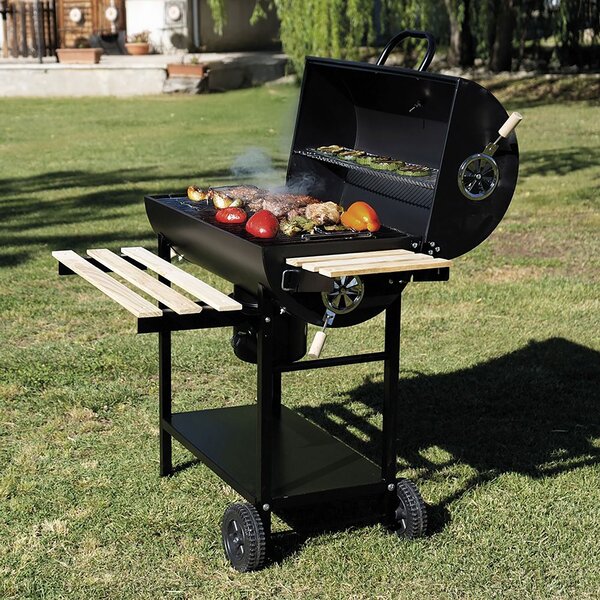 Barbecue a Carbone Carbonella 108x70x100 cm con Coperchio Ruote e Ripiani in Legno Nero