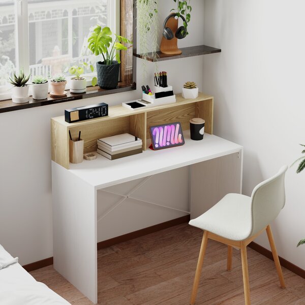 HOMCOM Scrivania 110x50x102,6 cm Scrivania con 2 scomparti aperti e mensola Bianco e Legno Naturale | Aosom Italy