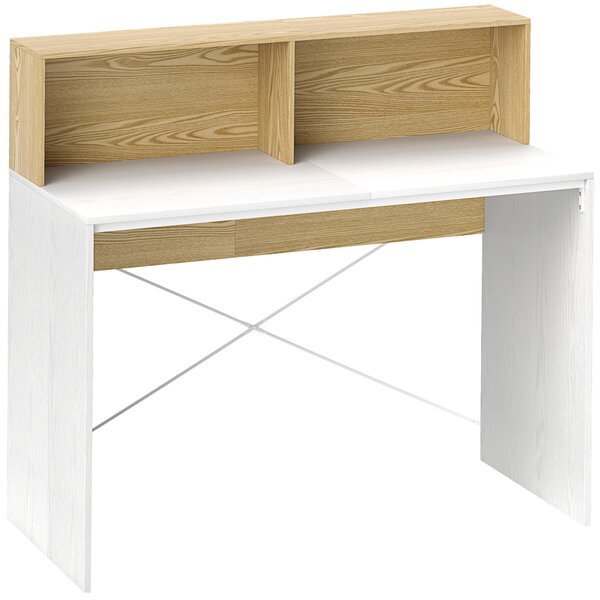 HOMCOM Scrivania 110x50x102,6 cm Scrivania con 2 scomparti aperti e mensola Bianco e Legno Naturale | Aosom Italy