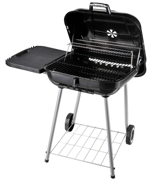 Barbecue a Carbone Carbonella con 2 Griglie Ripiano Laterale e Coperchio in Metallo Nero