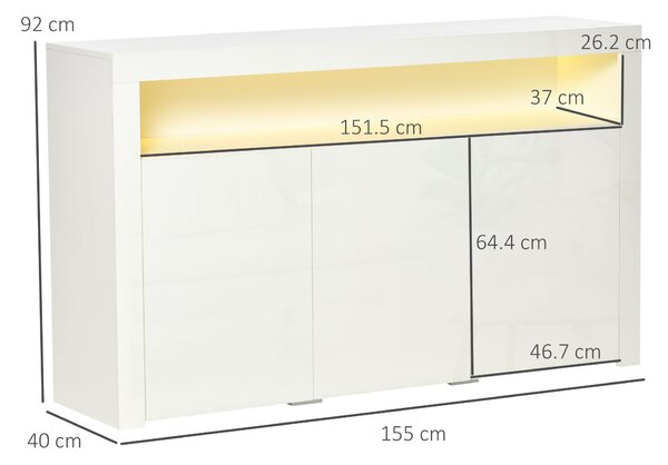 HOMCOM Credenza Moderna 3 Ante con Luci LED Colorate e Telecomando in Legno, 155x40x92cm - Bianco