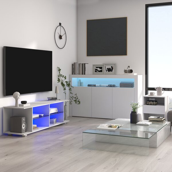HOMCOM Credenza Moderna 3 Ante con Luci LED Colorate e Telecomando in Legno, 155x40x92cm - Bianco