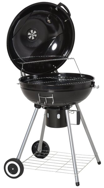Barbecue a Carbone Carbonella Coperchio Termometro e Doppia Griglia in Metallo Nero