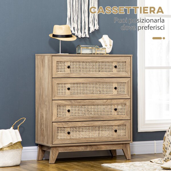 HOMCOM Cassettiera con 4 Cassetti e Inserti in Rattan Stile Boho, 80x35x95 cm, Legno Naturale | Aosom Italy
