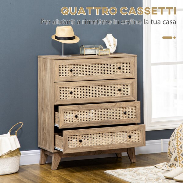 HOMCOM Cassettiera con 4 Cassetti e Inserti in Rattan Stile Boho, 80x35x95 cm, Legno Naturale | Aosom Italy