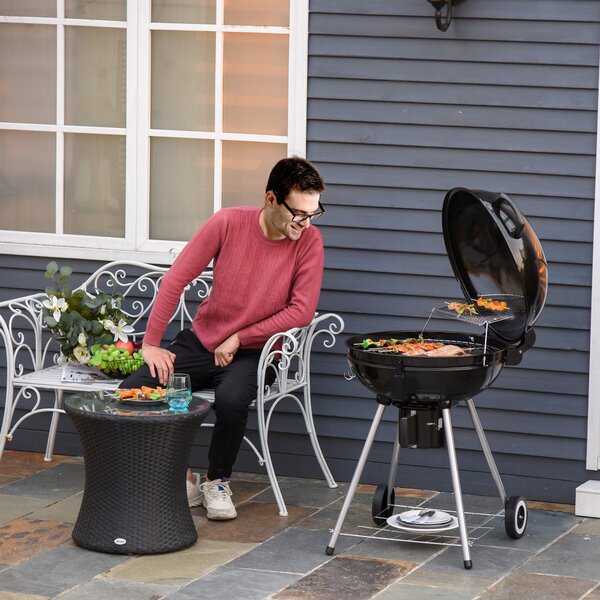Barbecue a Carbone Carbonella Coperchio Termometro e Doppia Griglia in Metallo Nero