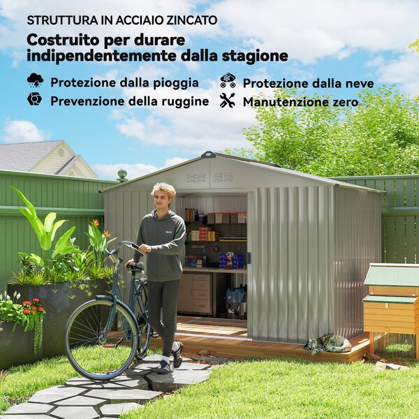 Outsunny Casetta da Giardino con Prese d'Aria e Tetto Inclinato, Doppia Porta Scorrevole Bloccabile, Grigio Argento | Aosom Italy