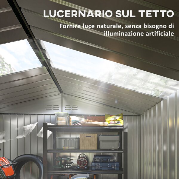 Outsunny Casetta da Giardino con Prese d'Aria e Tetto Inclinato, Doppia Porta Scorrevole Bloccabile, Grigio Argento | Aosom Italy