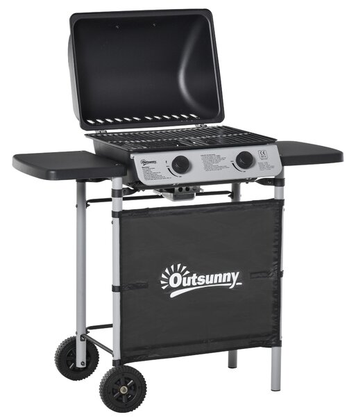 Barbecue a Gas GPL 2 Fuochi 2,8kW in Acciaio con Ruote e Mensole Nero