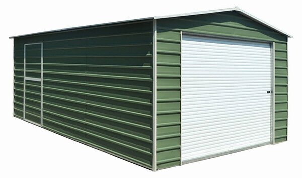 Capannone Box con Saracinesca in Lamiera Verde per Deposito Attrezzi 370x790x280cm Enaudi