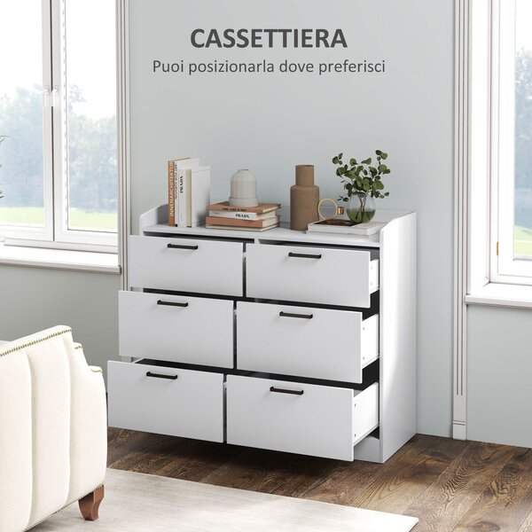 HOMCOM Cassettiera 6 Cassetti in Legno con Bordi Rialzati e Maniglie a U, 110x40x88 cm, Bianco