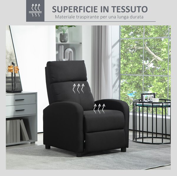 HOMCOM Poltrona Reclinabile in Tessuto con Schienale Regolabile e Poggiapiedi Poltrona Relax Imbottita Poltroncine da Camera Nera