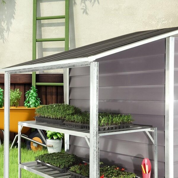 Casetta Box da Giardino in Lamiera Grigia con Tettoia Laterale per Deposito Attrezzi 152X299X203 Cm Bertozzi