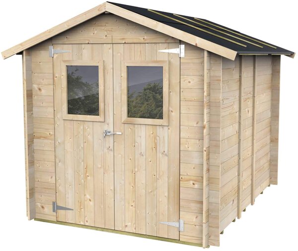 Casetta Box da Giardino per Attrezzi 198x248 cm con Porta Doppia Finestrata in Legno Naturale