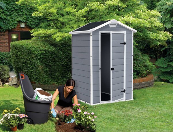 Casetta da Giardino Porta Attrezzi 129x103x196 cmin Resina Effetto Legno Keter Manor 4x3 Grigia