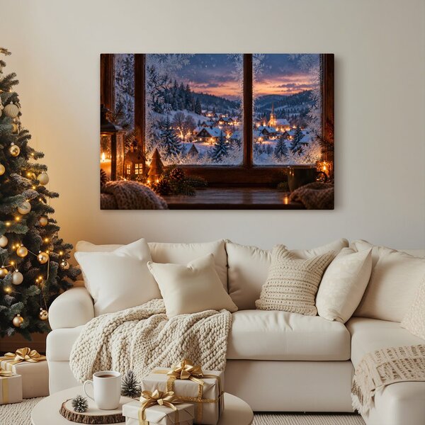 Quadro su tela – Villaggio invernale oltre la finestra