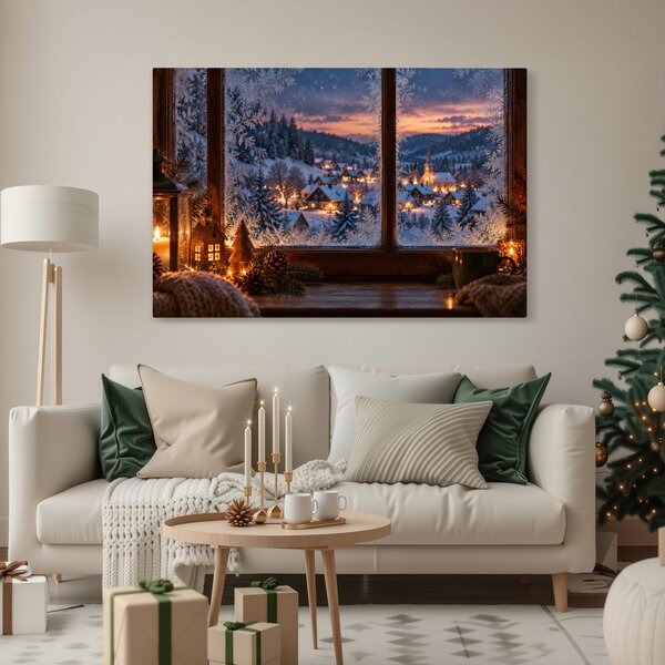 Quadro su tela – Villaggio invernale oltre la finestra