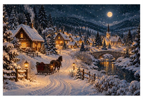 Quadro su tela – Villaggio invernale al chiaro di luna