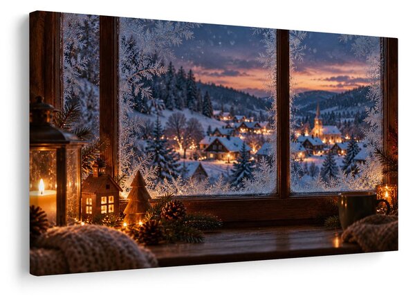 Quadro su tela – Villaggio invernale oltre la finestra