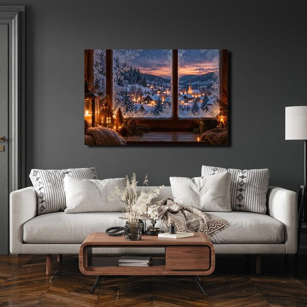 Quadro su tela – Villaggio invernale oltre la finestra