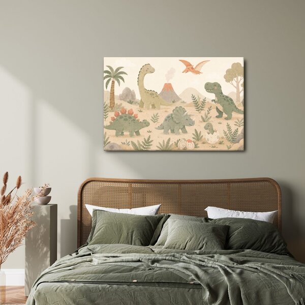 Quadro su tela – Paesaggio di dinosauri con vulcano