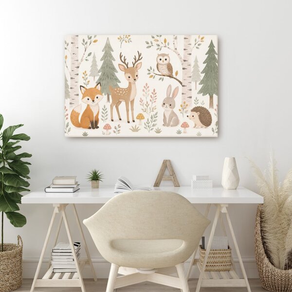 Quadro su tela – Animaletti del bosco in una foresta pastello