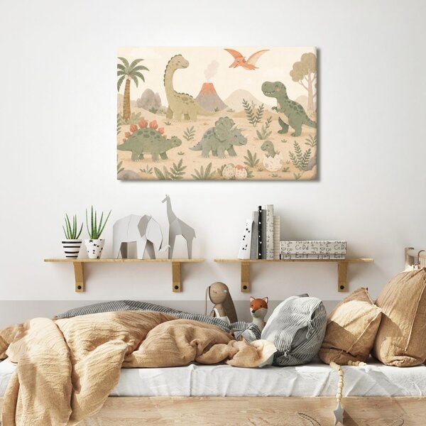 Quadro su tela – Paesaggio di dinosauri con vulcano