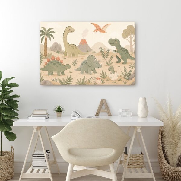 Quadro su tela – Paesaggio di dinosauri con vulcano