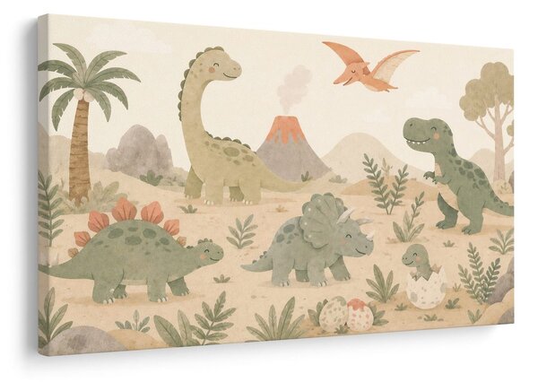 Quadro su tela – Paesaggio di dinosauri con vulcano
