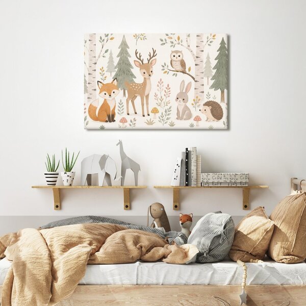 Quadro su tela – Animaletti del bosco in una foresta pastello