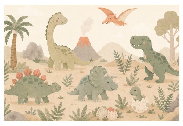 Quadro su tela – Paesaggio di dinosauri con vulcano