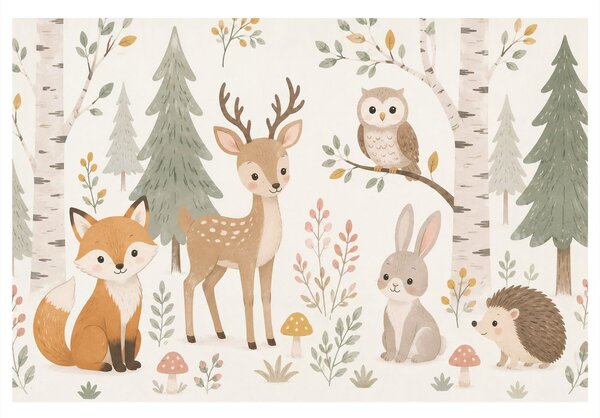Quadro su tela – Animaletti del bosco in una foresta pastello