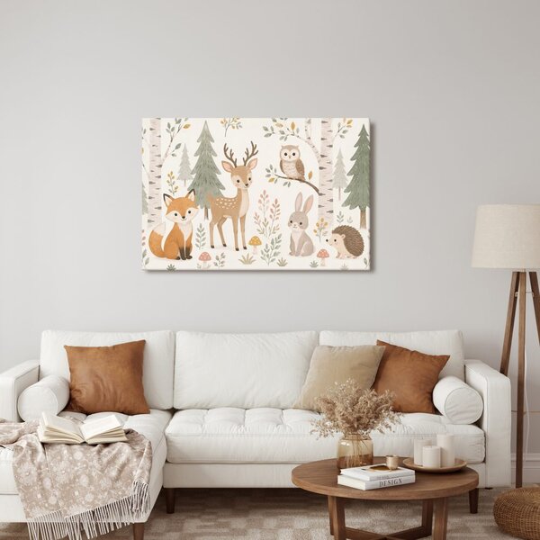 Quadro su tela – Animaletti del bosco in una foresta pastello