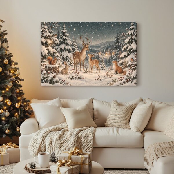 Quadro su tela – Bosco invernale con cervi