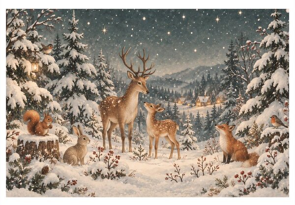 Quadro su tela – Bosco invernale con cervi