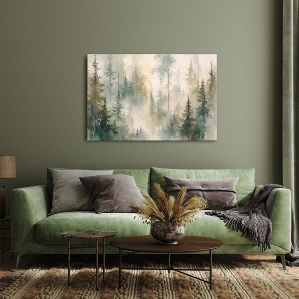 Quadro su tela – Foresta di conifere nebbiosa ad acquerello