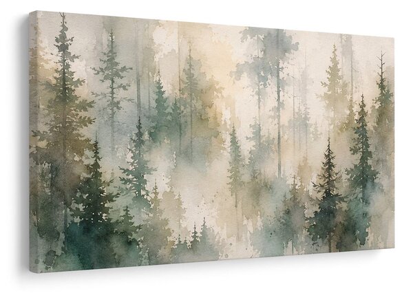 Quadro su tela – Foresta di conifere nebbiosa ad acquerello