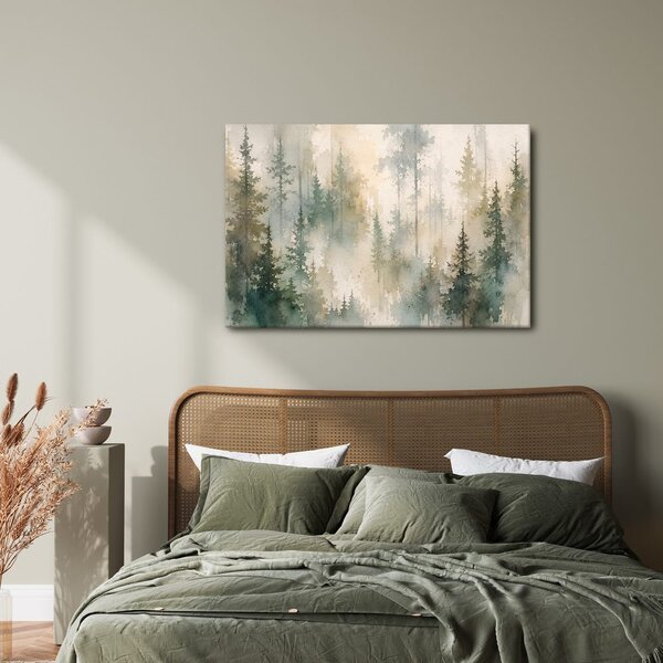 Quadro su tela – Foresta di conifere nebbiosa ad acquerello