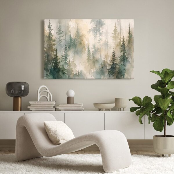Quadro su tela – Foresta di conifere nebbiosa ad acquerello