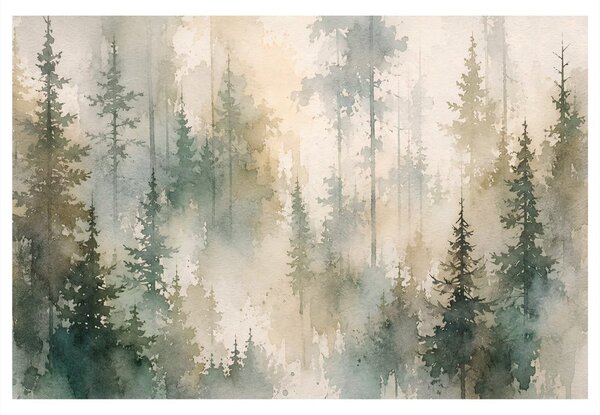 Quadro su tela – Foresta di conifere nebbiosa ad acquerello