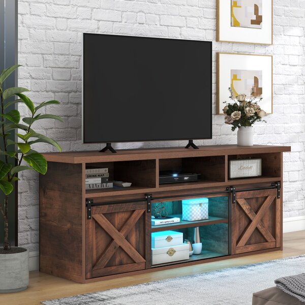 Mobile Porta TV in Legno da 150 cm con 2 Ante Scorrevoli, 9 Scomparti e Illuminazione LED, 150x40x60 cm, Marrone