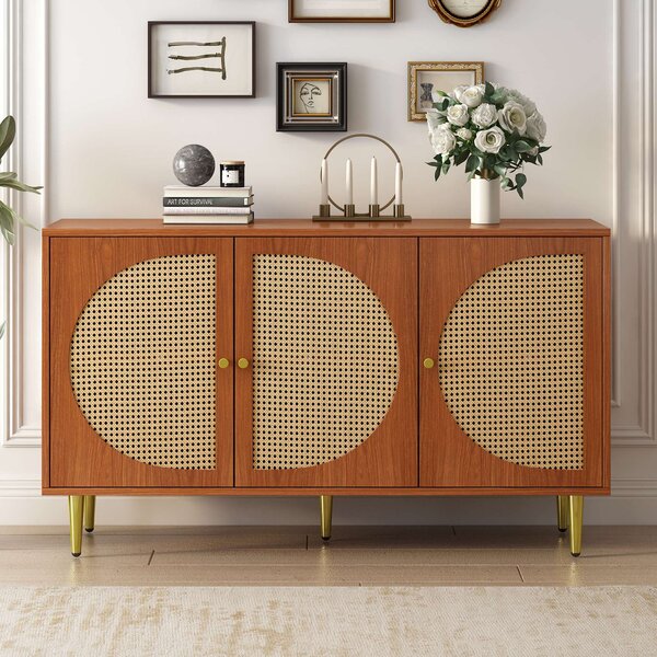 Set Mobile da Salotto in Rattan con Credenza Moderna a Tre Ante e Scarpiera Salvaspazio a Due Ante Scorrevoli, Colore noce