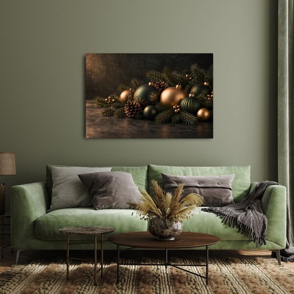 Quadro su tela – Sfere natalizie in armonia dorata